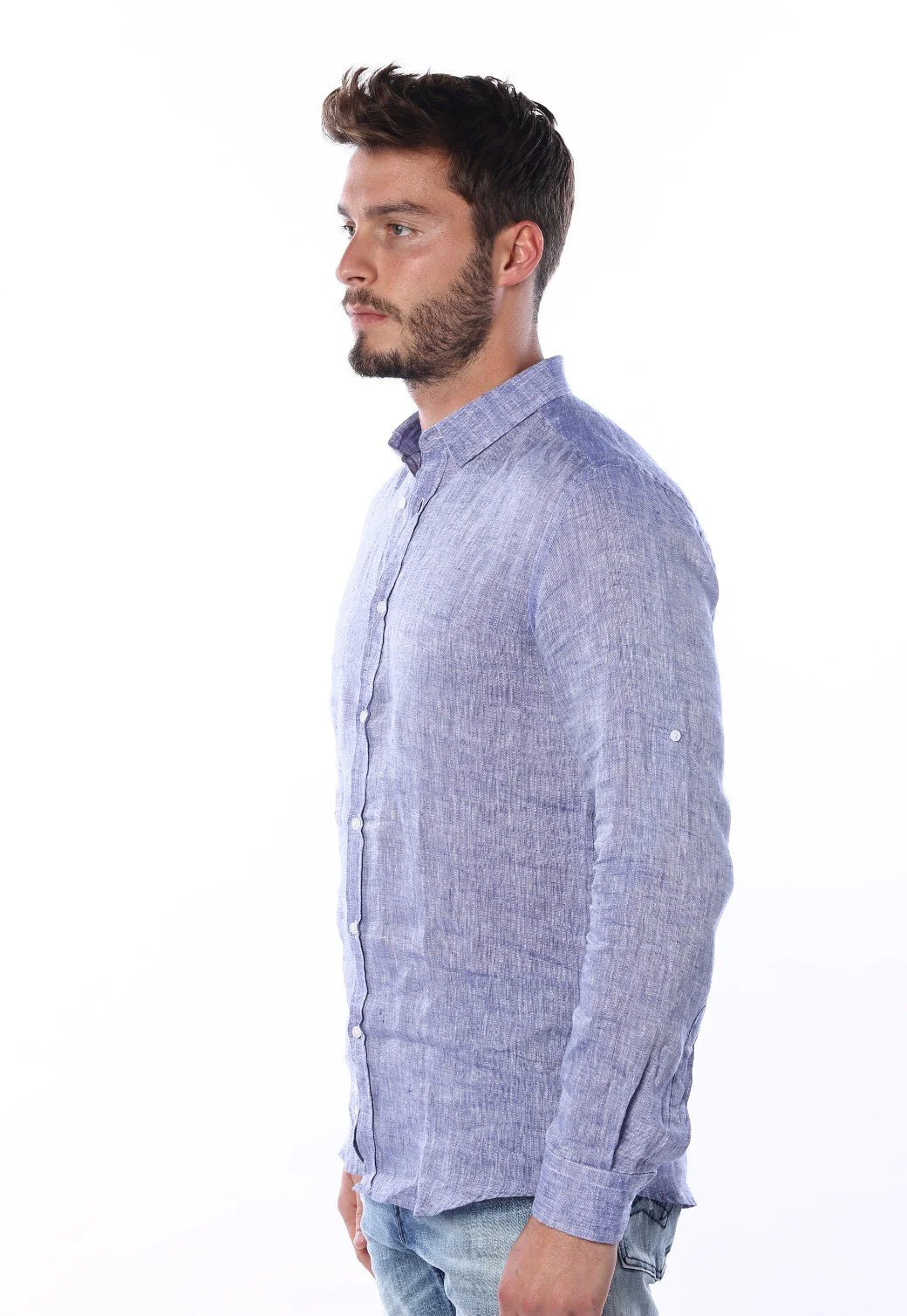 חולצה מכופתרת מבד פשתן גברים - Image 2