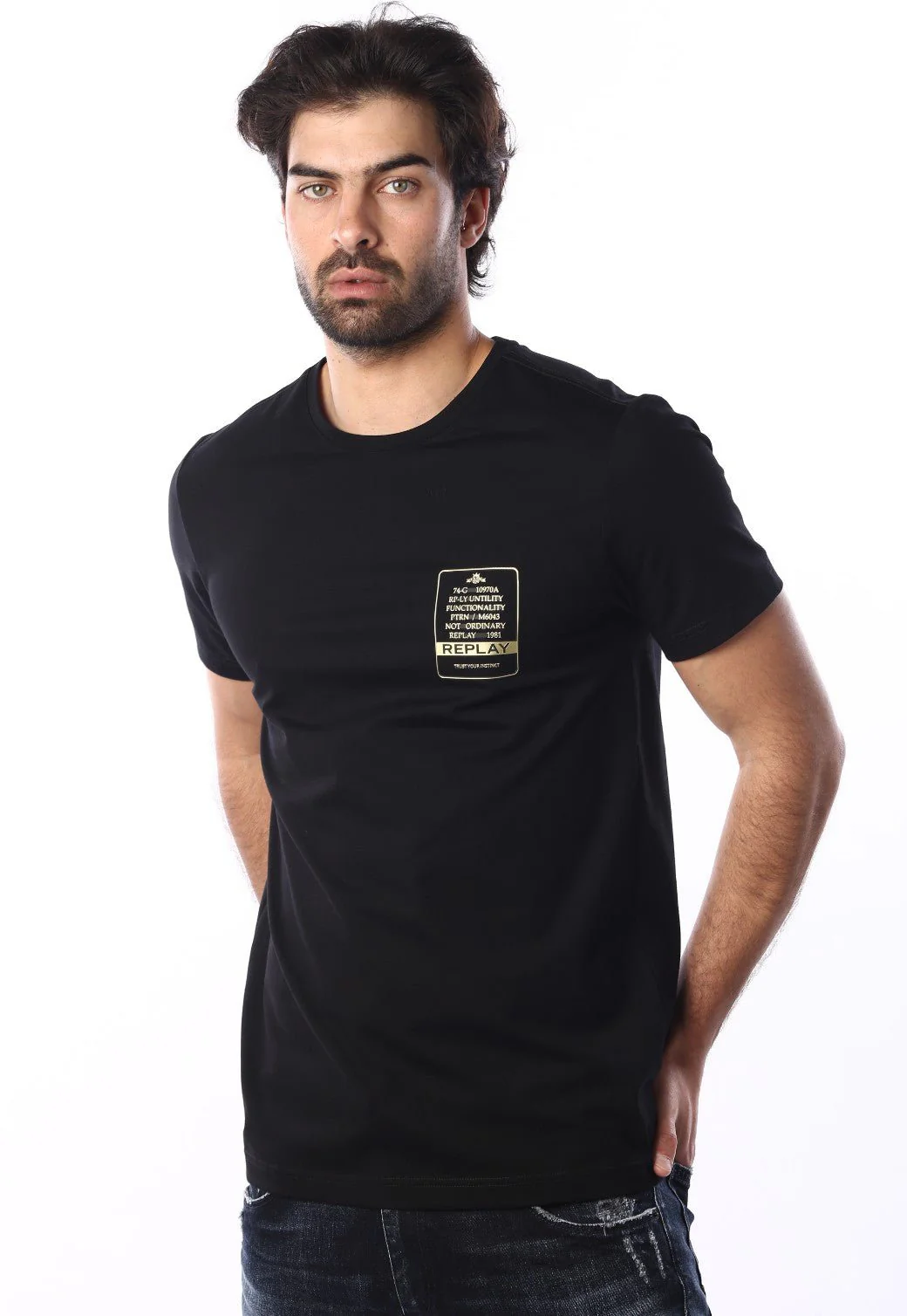 טי שירט קצרה עם הדפס לוגו זהב גברים