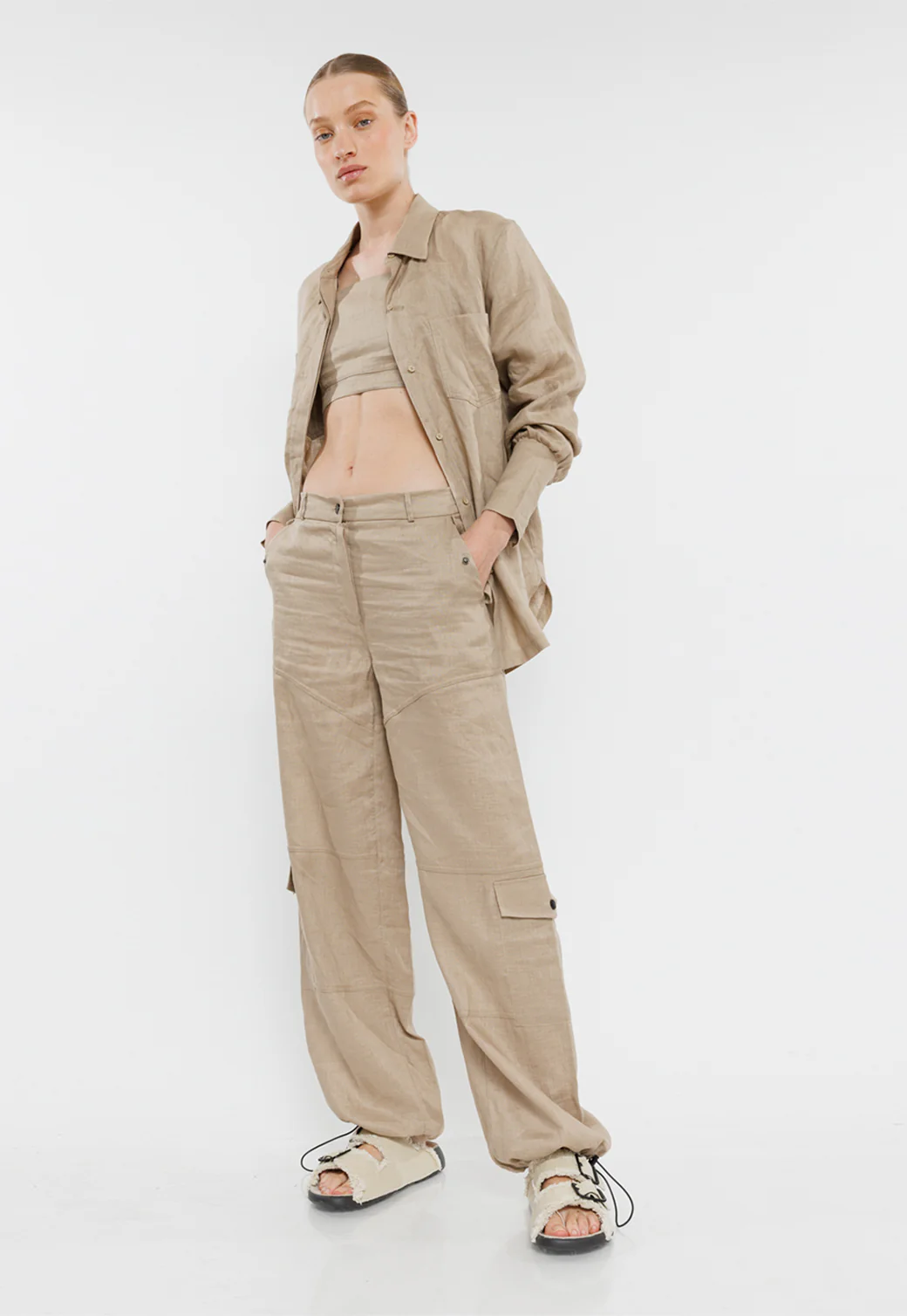 מכנסי פשתן רחבים Wyou נשים - Image 2
