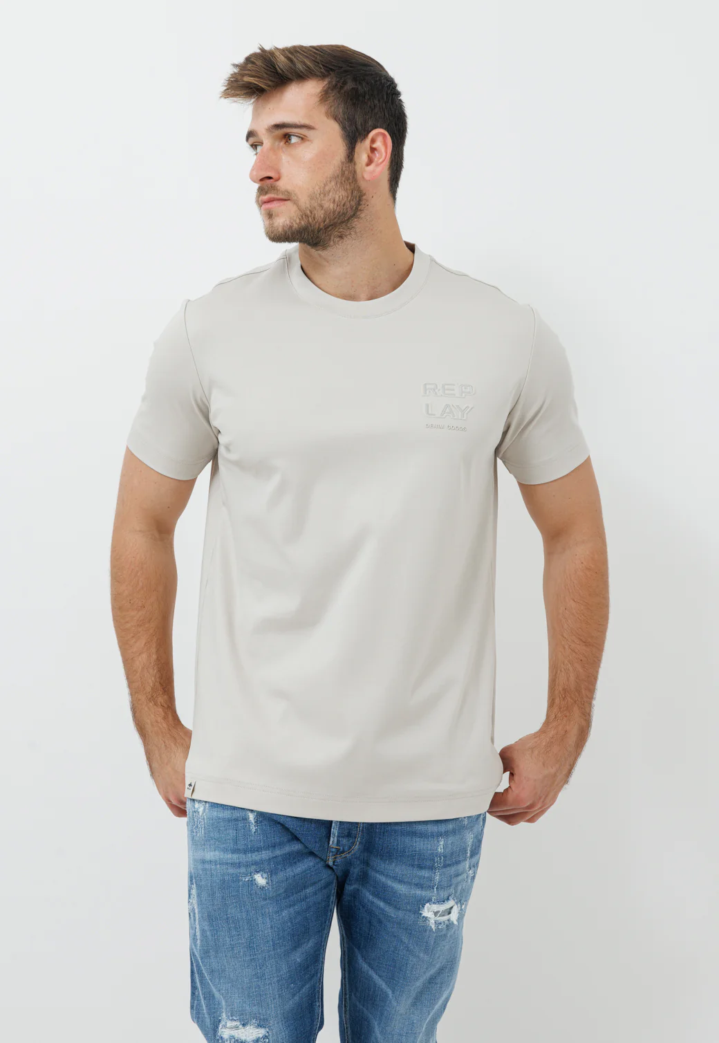 טי שירט לגברים בצבע אבן עם הדפס - Image 3