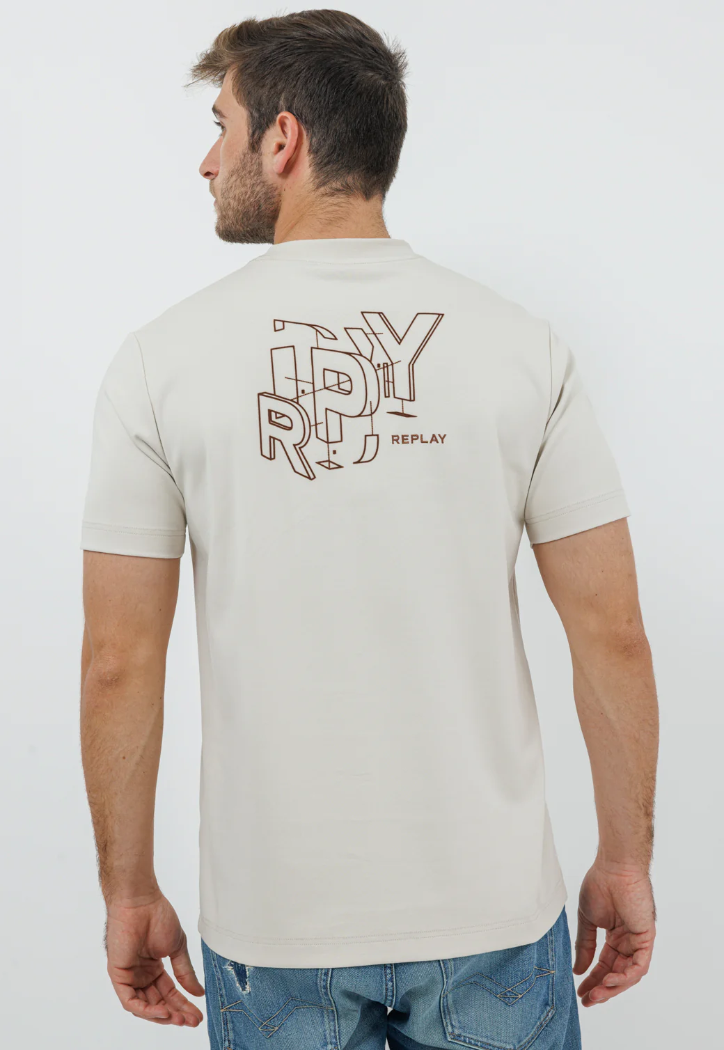 חולצת טי עם הדפס בגב בצבע בז' לגברים - Image 3