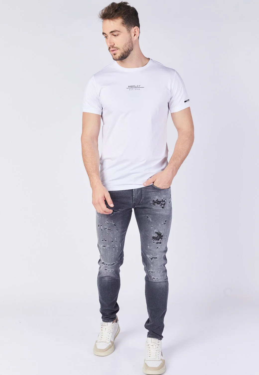 ג'ינס Slim Fit BRONNY עם קרעים מתופרים גברים - Image 4
